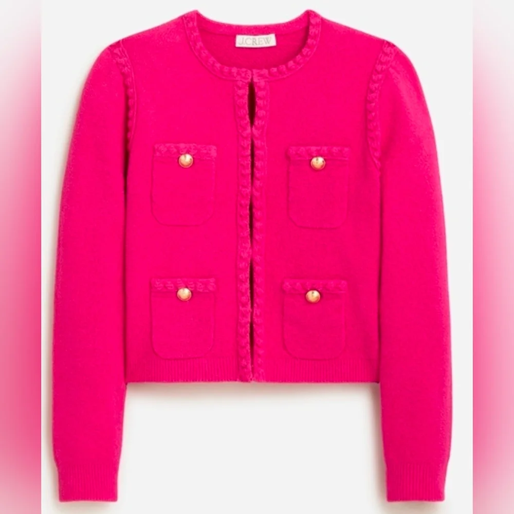 NWT J.Crew Odette Sweater Lady Jacket in Fuchsia Cotton-blend Boucle Cardigan XS